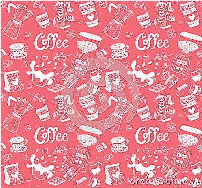 Doodle coffee equipment hand drawing pattern seamless black on white Vector Illustration