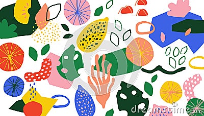 Doodle collage background. Modern template with contemporary cute abstract shapes. Bright round floral forms applique Vector Illustration