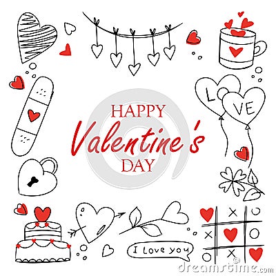 doodle collection of valentines day elements in hand drawn style Vector Illustration