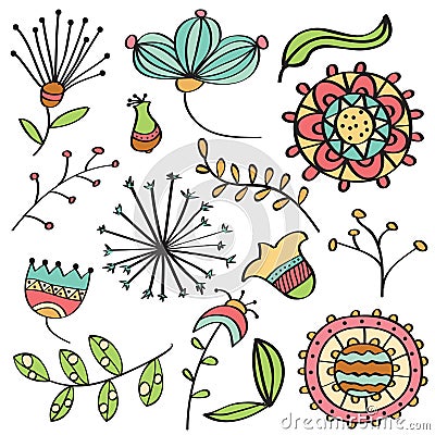 Doodle color flowers and leafs collection Stock Photo
