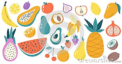 Doodle color fruits organic. Isolated trendy ingredients, mango, sweet strawberry. Health fruit, dessert food fresh Vector Illustration