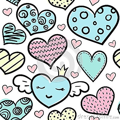 Doodle colored hearts seamless pattern Vector Illustration
