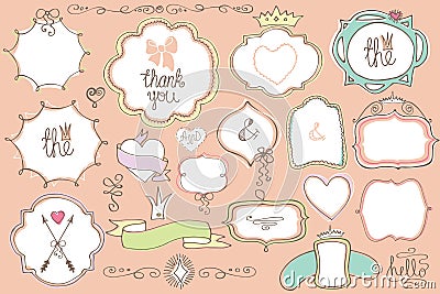 Doodle colored labels, badges,frame,decor element.Love set Vector Illustration