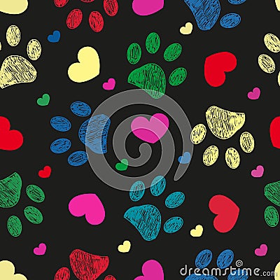 Doodle colorful paw prints with hearts seamless fabric design pattern vector Vector Illustration