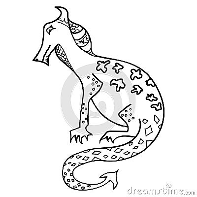 Doodle coloring is a black dinosaur contour with a tail and claws on its paws. The dragon sits and smiles. Vector Illustration