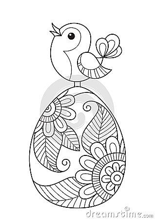 Doodle coloring book page easter egg and bird Cartoon Illustration