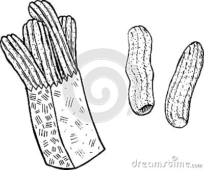 Doodle coloring page for adults with churros. Ink art with spanish food. Vector illustration Vector Illustration