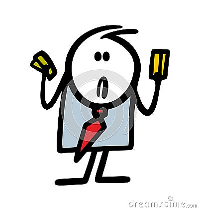 Doodle concerned office worker in a business suit makes a choice between a plastic card and cash. Vector Illustration