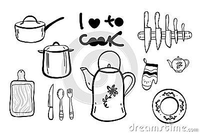 Doodle Cook`s tools and items set. Hand-drawn design elements. Vector illustration with items for cooking. knife, plates Vector Illustration