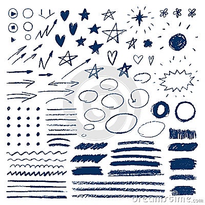 Doodle with crayons. Set of hand drawn stars, hearts, sun, arrows. Brush strokes of pencil or pastel. Vector Illustration