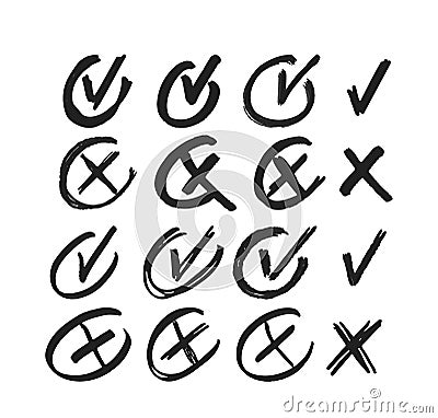 Doodle Cross And Check Marks Inside Of Round Frames. Vector X Symbol Indicating Incorrect Or Negative Vector Illustration