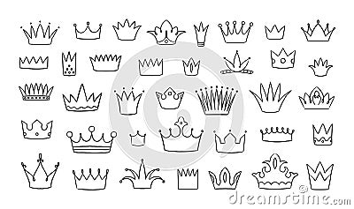 Doodle crown. Hand drawn king and queen logo sketch. Street art graffiti. Prince headwear. Imperial heraldry signs Vector Illustration