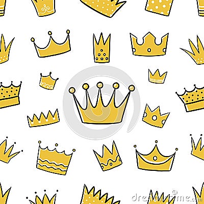 Doodle crown pattern. Seamless print of king and queen royal line symbol. Prince and princess headwear. Emperor Vector Illustration