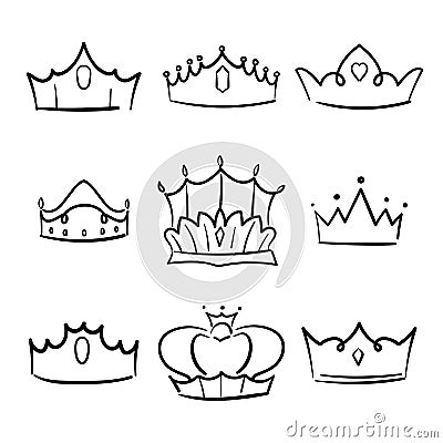 Doodle crown princess collection. Simple crowning, elegant queen or king crowns hand drawn. Vector Illustration