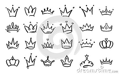 Doodle crowns. Line art king or queen crown sketch, fellow crowned heads tiara, beautiful diadem and luxurious decals Vector Illustration