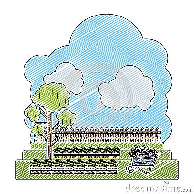 Doodle cultivated with tree and wood grillage farm Vector Illustration