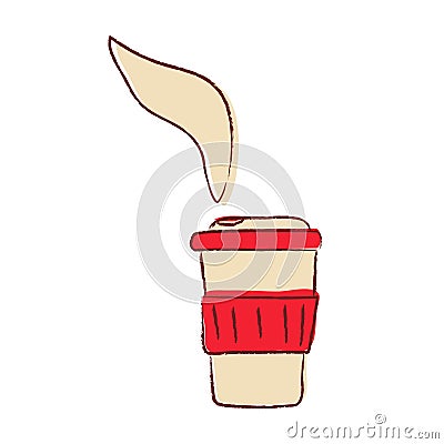 Doodle cup of coffee. Take away. Hot drink in a disposable glass with aroma. Coffee to go. Color image. Drawn in pencil. Vector Illustration