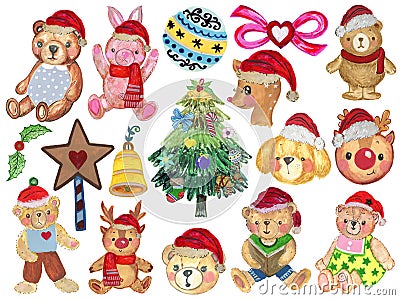 Doodle cute animal watercolor illustration character toy doll ad dessert in holiday merry christmas festive celebrate collection Cartoon Illustration
