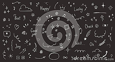 Doodle cute glitter pen line elements chalkboard. Doodle heart, arrow, star, sparkle decoration symbol set icon. Simple Vector Illustration