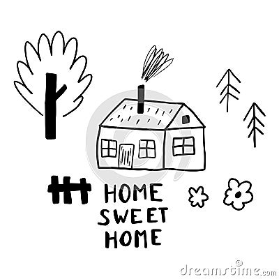 Cute doodle house and garden with lettering HOME SWEET HOME in Scandinavian childlike style Vector Illustration