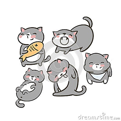 Doodle cute little cat vector set grey food yawn lick lay smile Stock Photo