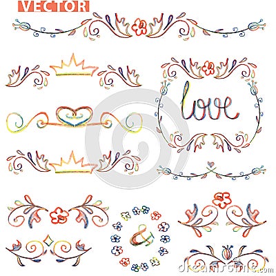 Doodle decor,border set.Colored watercolor,pencil Vector Illustration