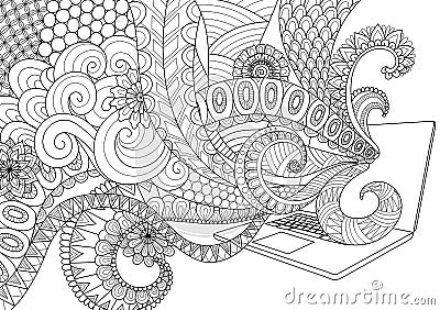 Doodle design of fun line art flowing out of laptop for adult coloring book pages for anti stress - Stock Vector Illustration