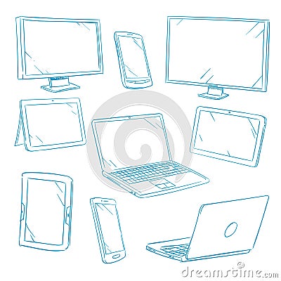 Doodle digital devices, tablet, pc, laptop, cell phone line vector icons Vector Illustration