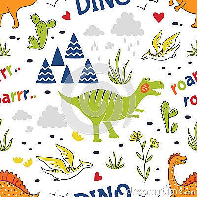 Doodle dinosaur pattern. Seamless fabric print, trendy hand drawn textile design, cute childish dragons. Vector Vector Illustration