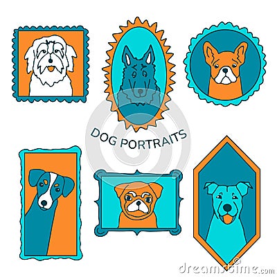 Doodle dog portraits set. Cute muzzles in vintage frames collection. Different dog breeds in simple borders. Hand drawn ink sketch Vector Illustration