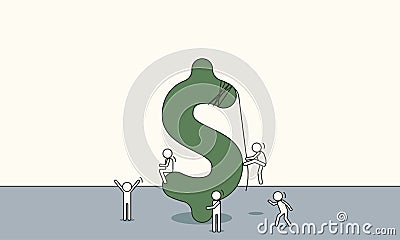 Doodle dollar sign sketch success. Little stick people vector illustration money currency wealth concept. Character work with Vector Illustration