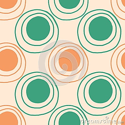 Doodle dots seamless pattern. Hand drawn decor textile cute ornament peach and green circles on pastel background. Abstact simple Vector Illustration