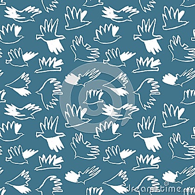 Doodle dove birds seamless pattern. Background with funny flyi Vector Illustration