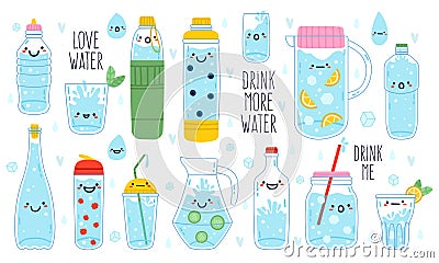 Doodle drink more water. Cute funny hand drawn water mascots in mug, glass and bottle, healthy rituals drink more water Vector Illustration