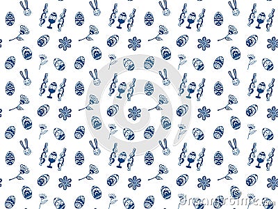 Doodle Easter seamless pattern. Isolated eggs, rabbits and abstract flowers in classic blue on a white background. Hand-drawn text Vector Illustration