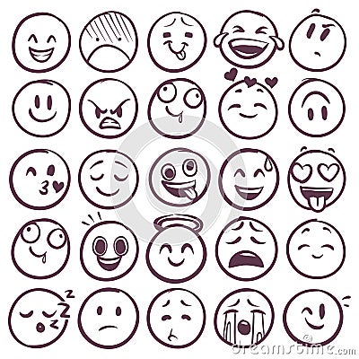 Doodle emoticons. Emoji with different expression of angry, happy and sad. Funny sketch faces for messages with smiling Vector Illustration