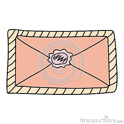 Doodle envelope with wax seal. Postal element. Vector Illustration