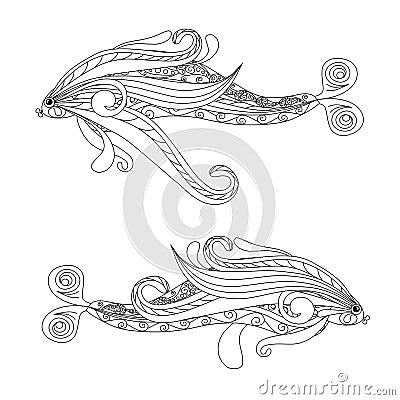 Doodle fishes coloring page anti-stress Vector Illustration