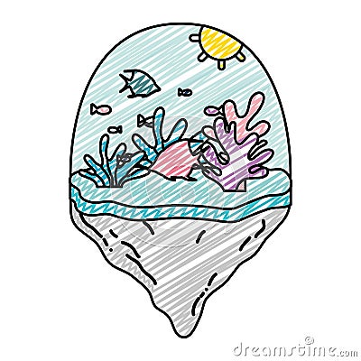 Doodle fishes and exotic seaweed in the float island Vector Illustration