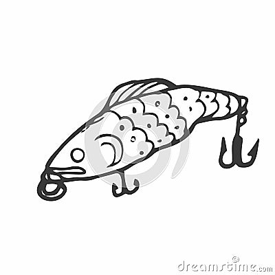 Doodle fishing lure. Abstract contemporary fishery baits of different sizes and shapes for angler. Colored hand drawn fisher Vector Illustration