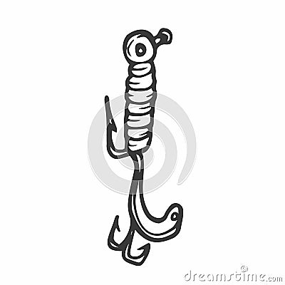 Doodle fishing lure. Abstract contemporary fishery baits of different sizes and shapes for angler. Colored hand drawn fisher Vector Illustration