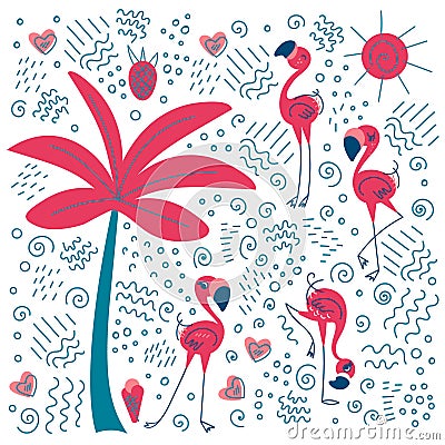 Doodle flamingo with palm tree and fillers Vector Illustration