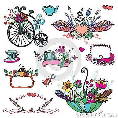 Doodle floral group,hand sketched vintage element Vector Illustration