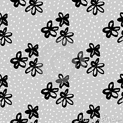 Doodle floral grunge daisy seamless pattern. Black contoured botanic elements on pale blue background with dots Cartoon Illustration