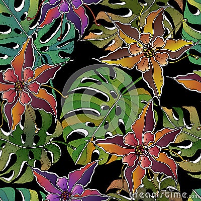 Doodle floral tropical seamless pattern vector with doodles colorful flowers, monstera leaves on black background. Vector Illustration