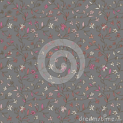 Doodle floral vector seamless pattern. Hand drawn contours of twigs with small softness pink flowers on gray background. Vector Illustration