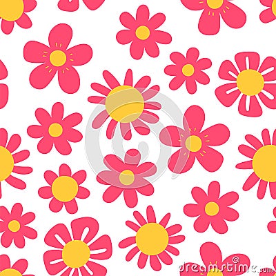 Doodle flower seamless pattern. Hand drawn sketch floral collection. Pink and yellow background. Fashion design Vector Illustration