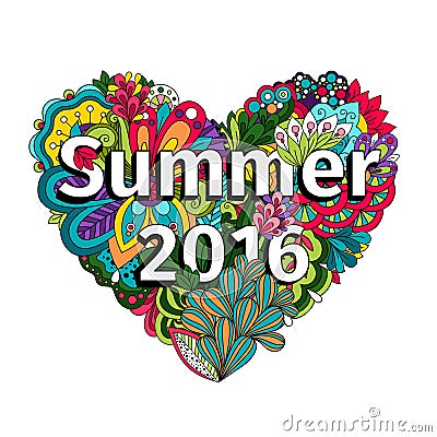 Doodle flowers heart with Summer 2016 text Vector Illustration