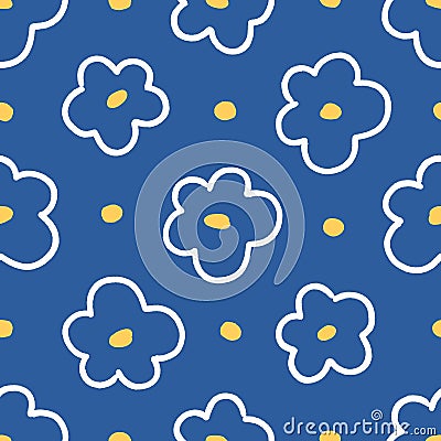 Doodle flowers, seamless pattern design. Floral background, repeating print with simple blooms in kids naive style Vector Illustration