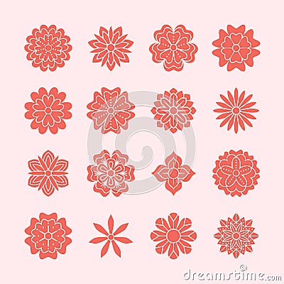 Doodle flowers set, pink red color. Beautiful floral design elements for wedding card. Zentangle backdrop, summer flower Vector Illustration